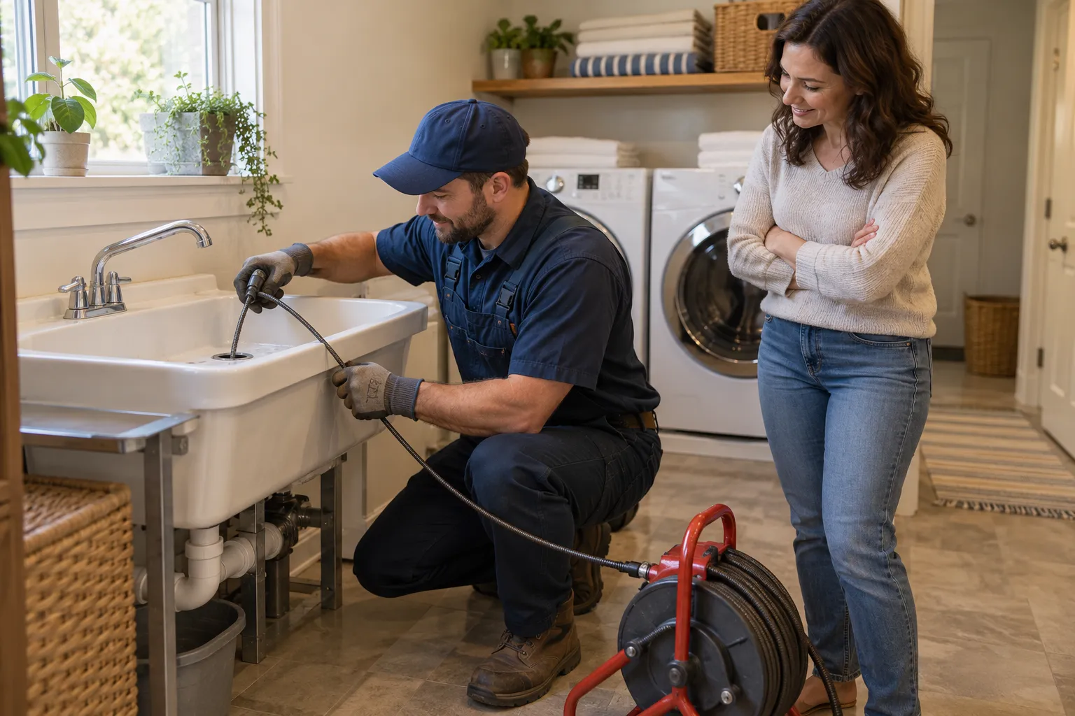 A provider clearing a household drain with a drain snake