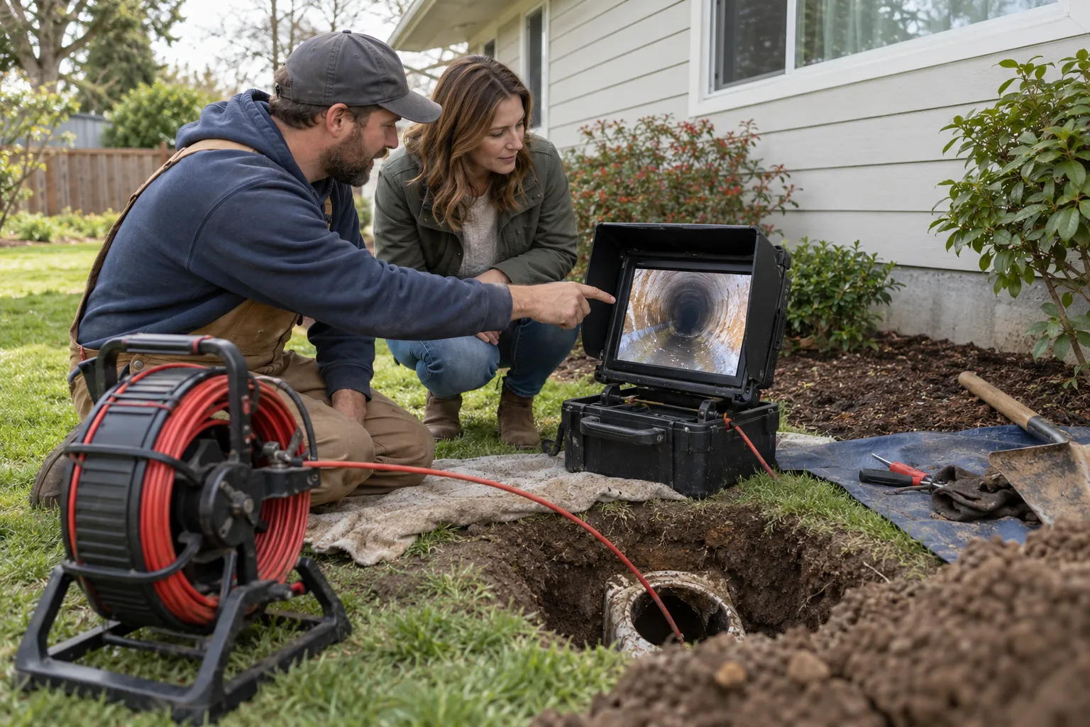 A local provider reviewing a sewer camera inspection with a homeowner near a Gary home